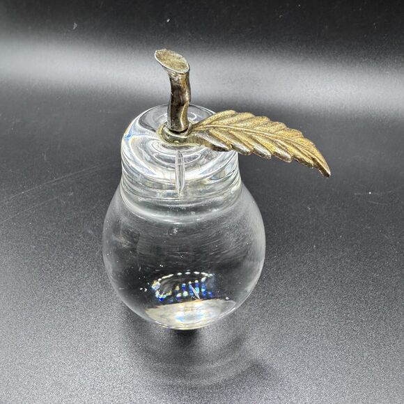 Vintage Clear Art Glass Pear Brass Leaf Paperweight Hand Blown Glass - Picture 2 of 9